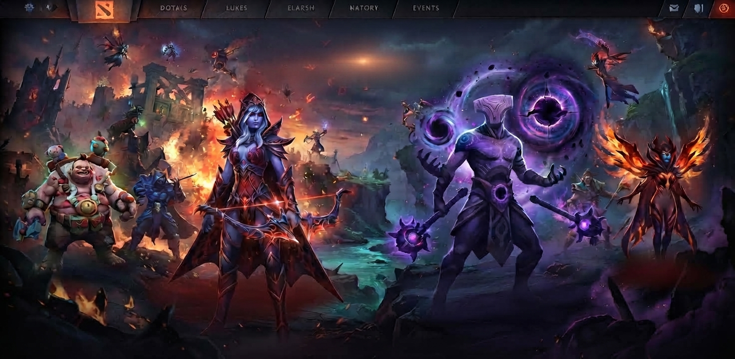 Fantasy Dota heroes with fiery, icy and purple arcana-inspired appearances