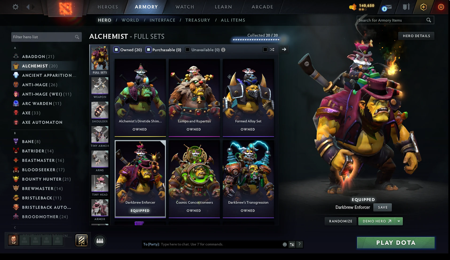 Alchemist wearing Darkbrew Enforcer with his unlocked full sets in the Armory