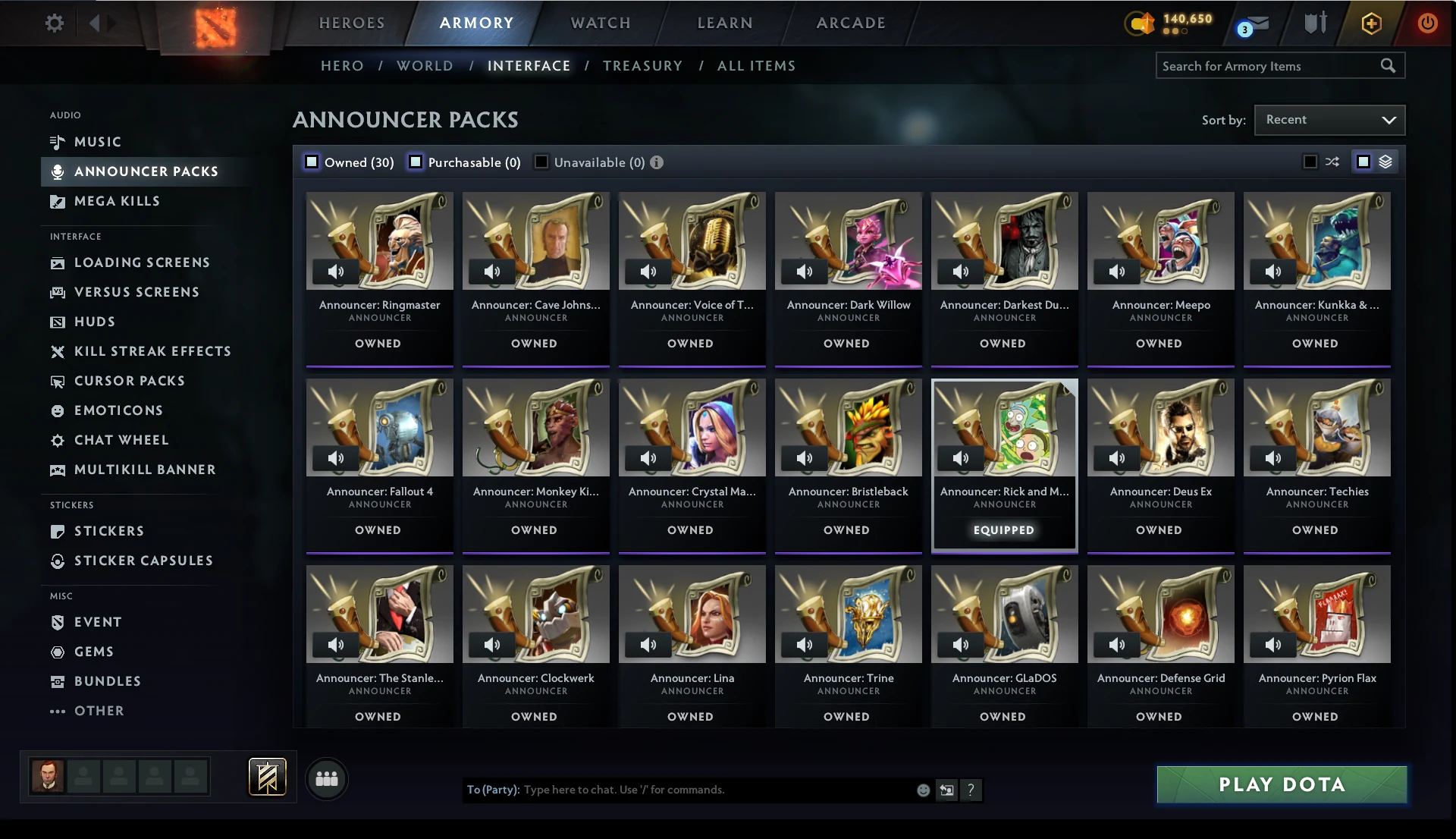 Thirty owned announcer packs in the Armory, including Rick and Morty, Cave Johnson, Dark Willow, and GLaDOS