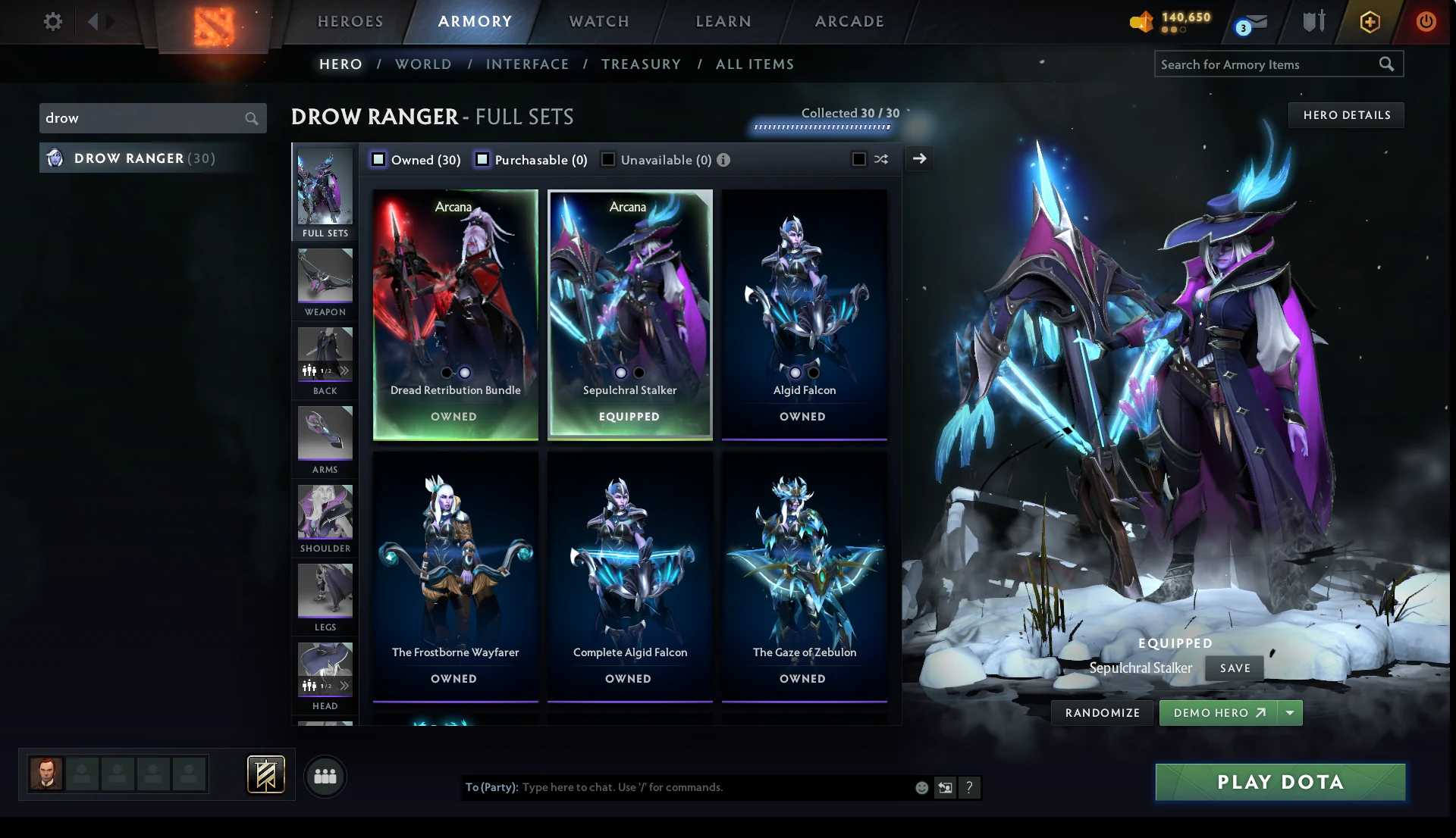 Drow Ranger’s unlocked sets and blue Sepulchral Stalker Arcana equipped in the Armory