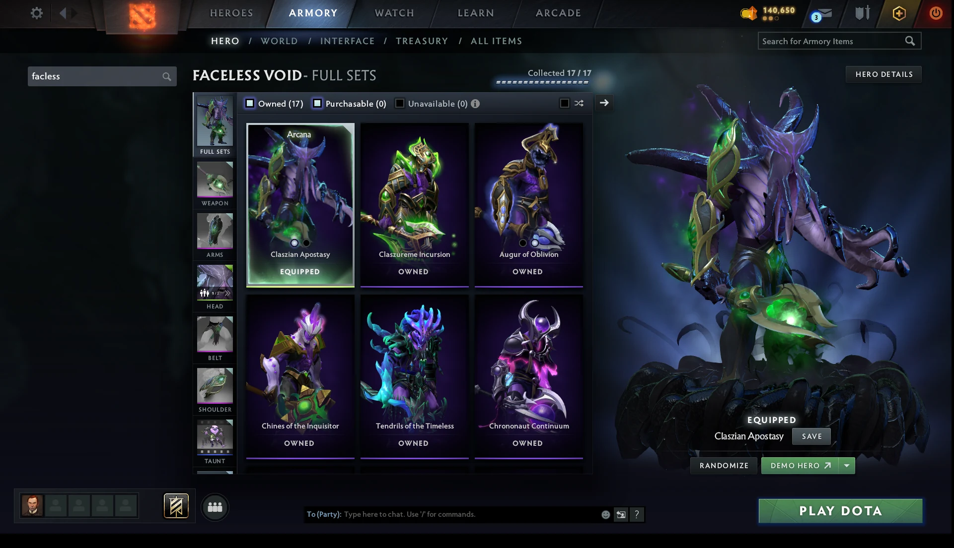 Faceless Void’s purple and green Claszian Apostasy Arcana and unlocked cosmetic sets