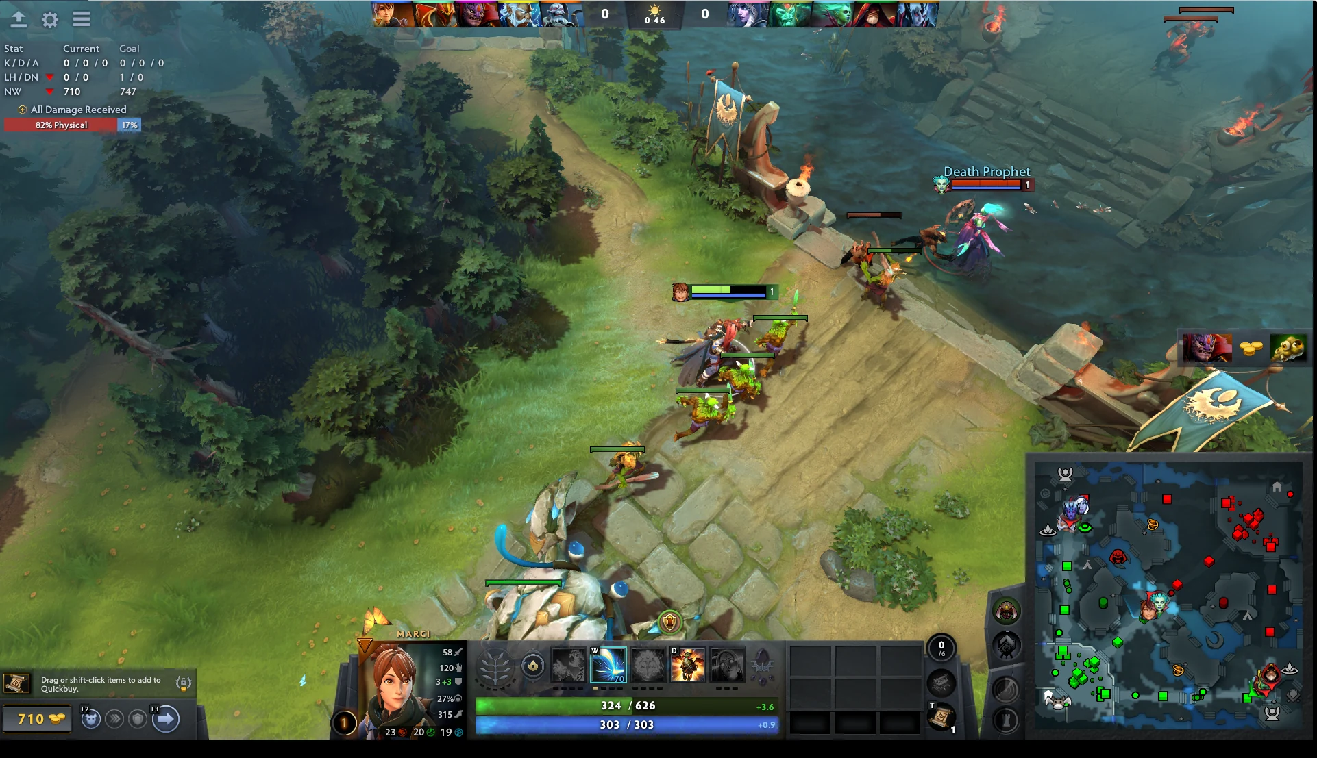 A Marci match showing Dota Plus current and goal stats, net worth, and damage received in the upper left