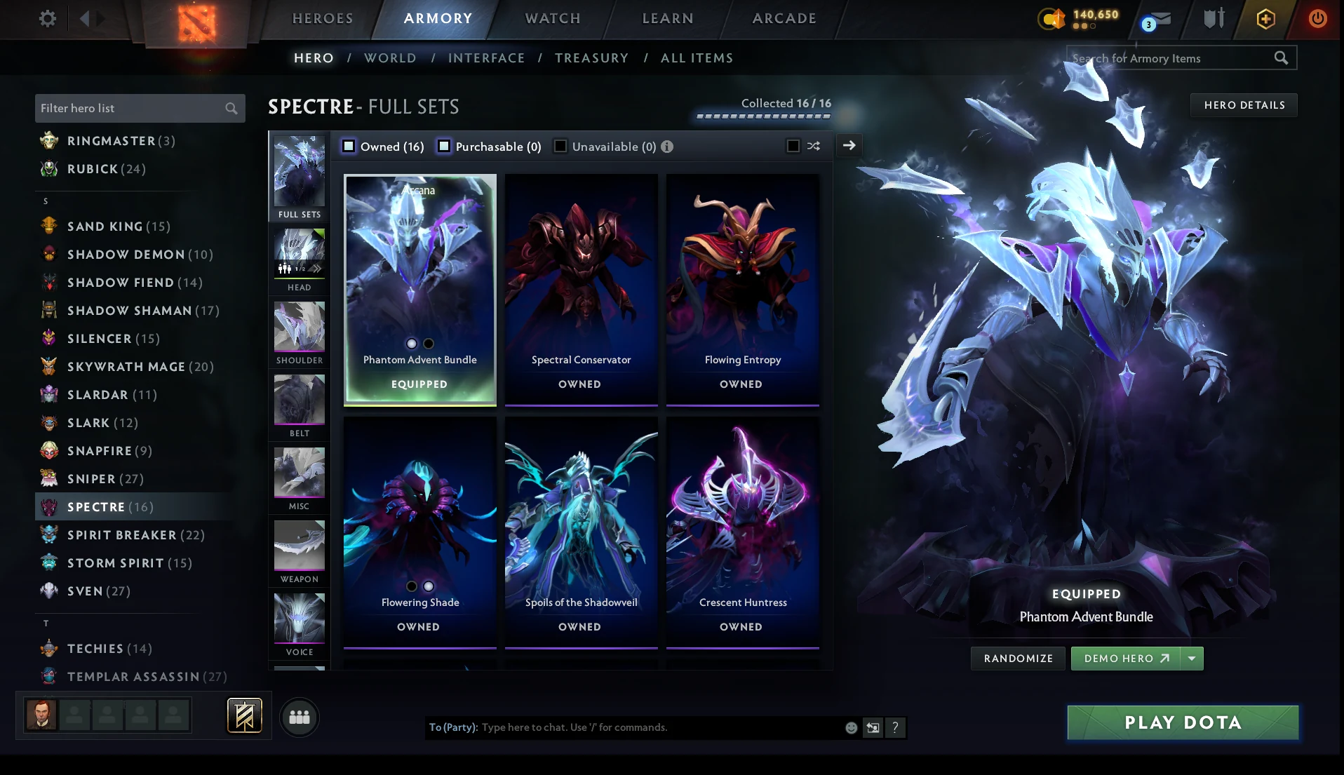 Spectre’s crystalline Phantom Advent Arcana equipped beside her unlocked sets