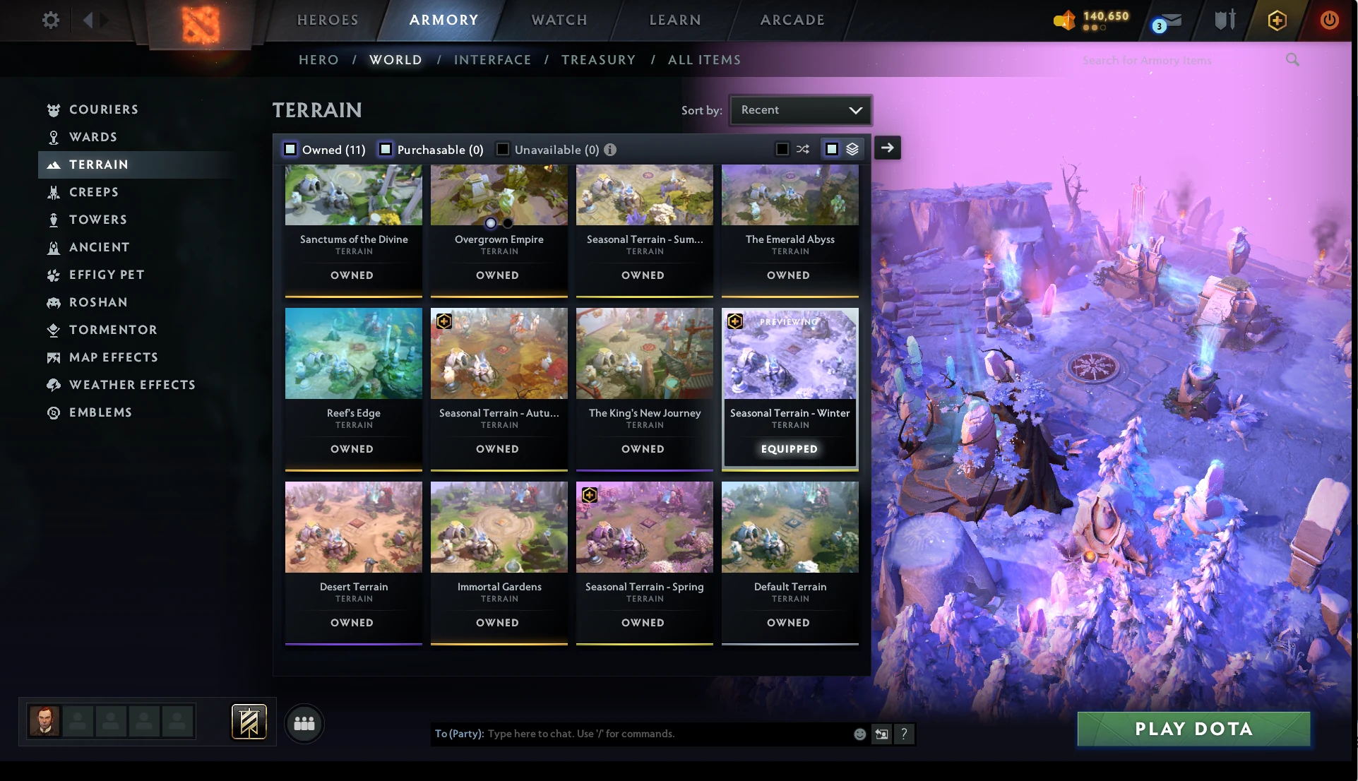 Unlocked terrain collection alongside a purple, snow-covered Seasonal Terrain — Winter preview