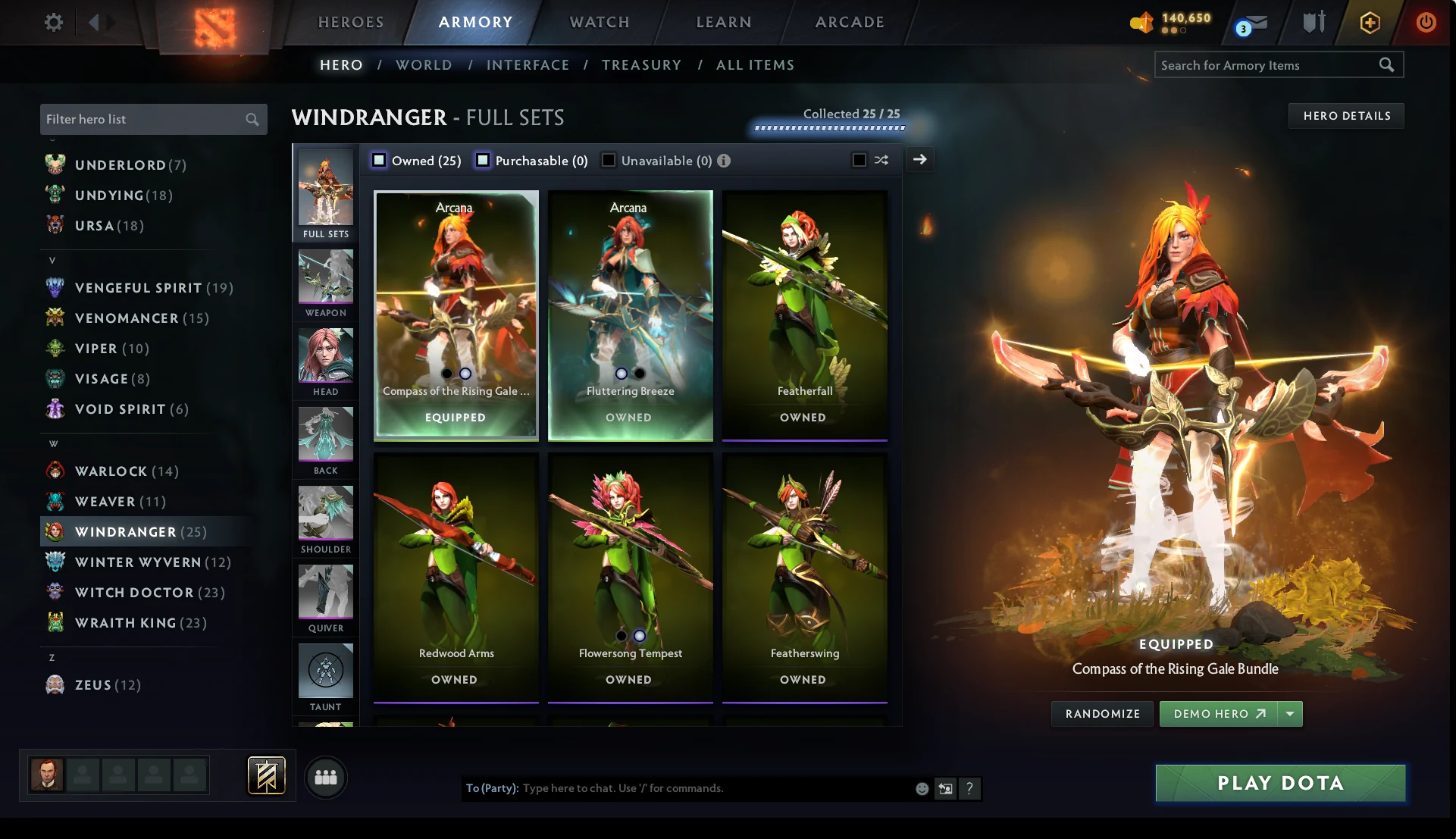 Windranger’s glowing orange Compass of the Rising Gale Arcana equipped in the Armory