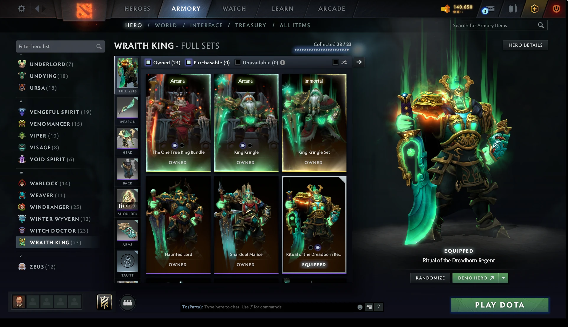 Wraith King wearing Ritual of the Dreadborn Regent with his unlocked Arcana sets visible in the catalog